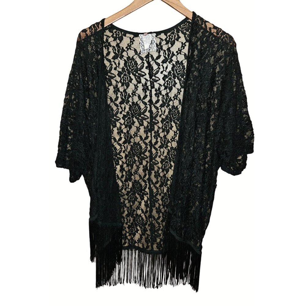 Mauve Black Sheer Lace Kimono Fringe Top Boho Romantic Goth Festival Womens L